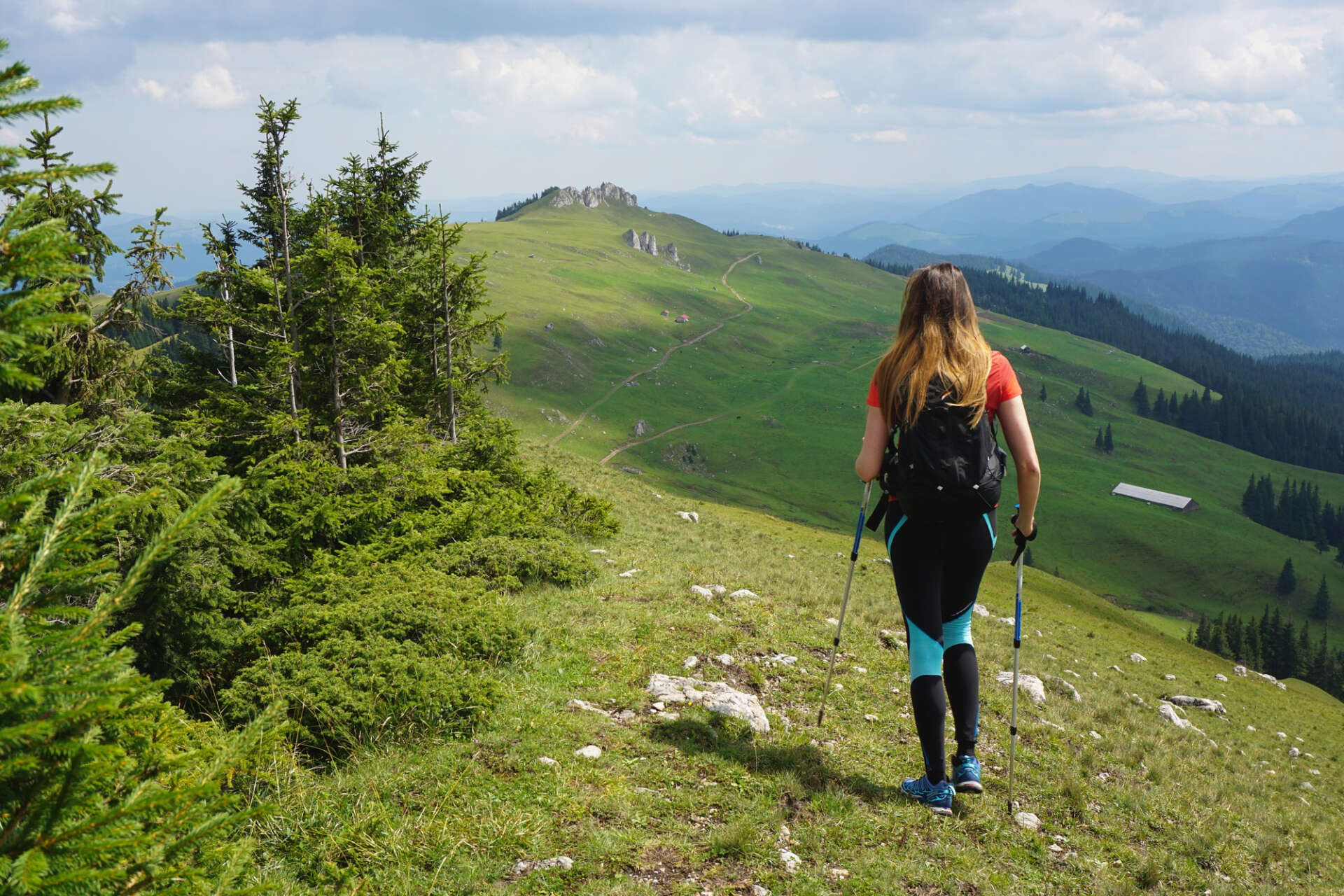 Wandern mit Stöcken: Eine Frau in Rückenansicht wandert über einen Bergkamm.