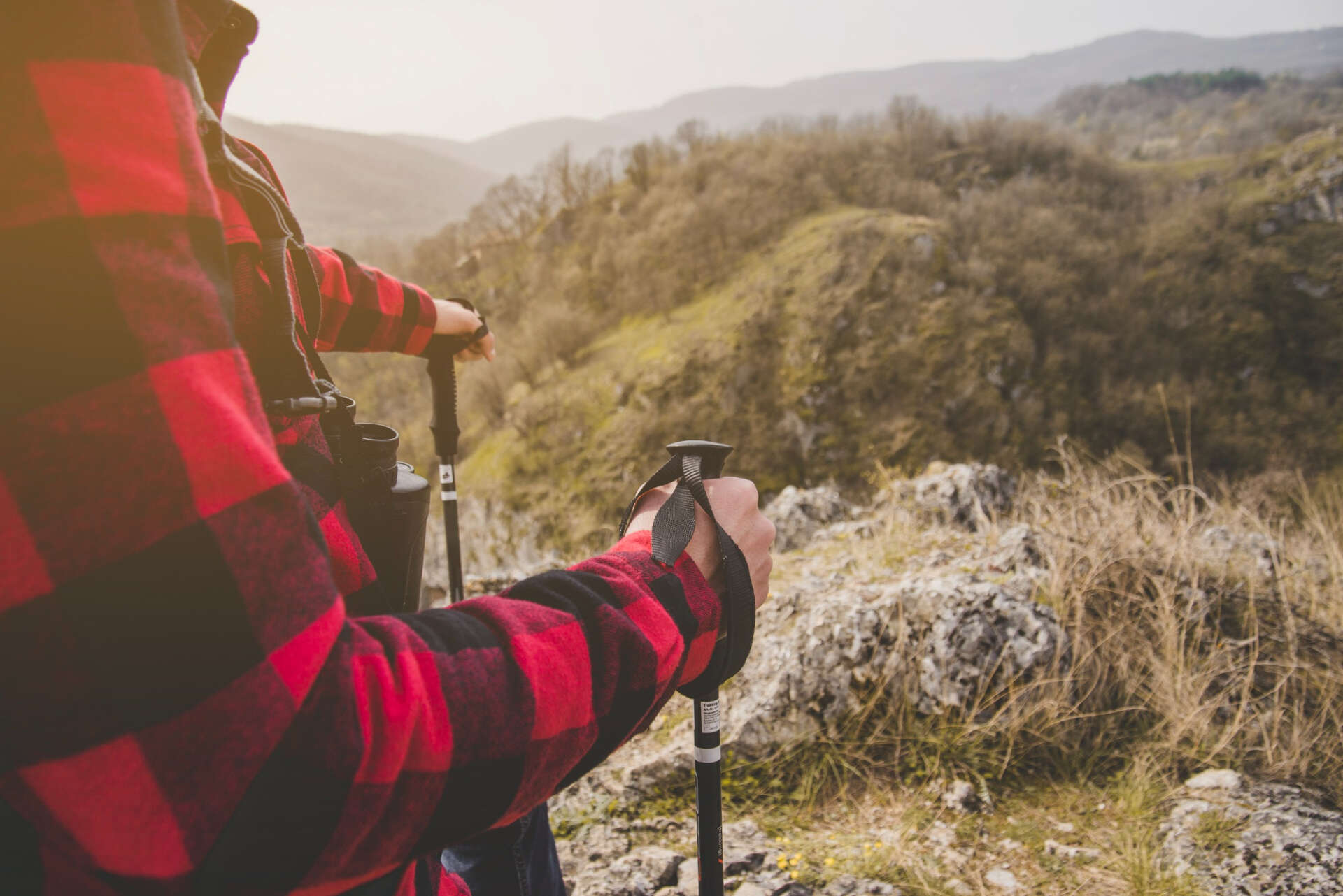 Eine Person mit Wanderstöcken genießt den Ausblick in die Natur.