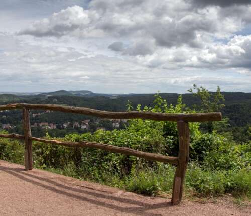 Ein rustikaler Holzzaun säumt einen unbefestigten Weg mit Blick auf einen großen grünen Wald und ferne Hügel unter einem teilweise bewölkten Himmel.