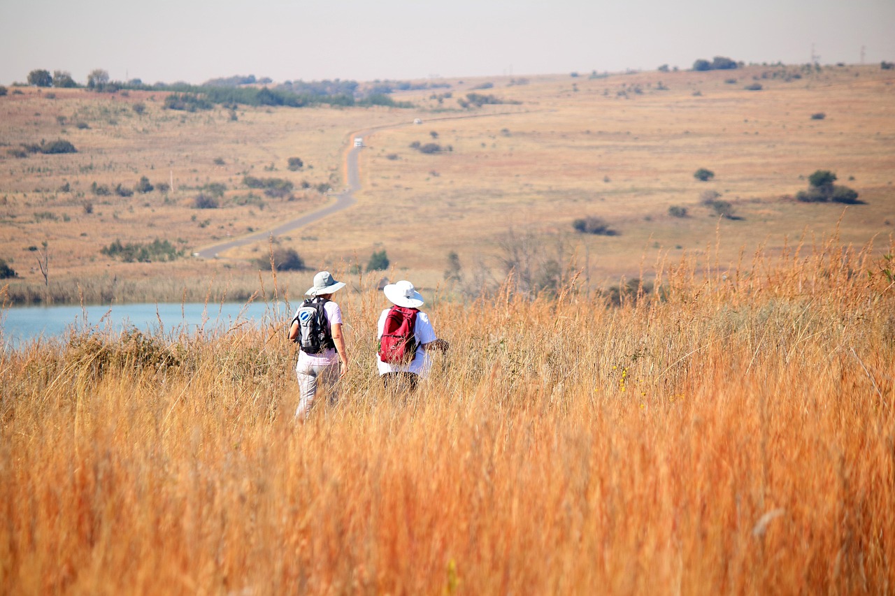 Wanderkleidung im Sommer: Zwei Personen wandern bei Hitze durch eine Heide.