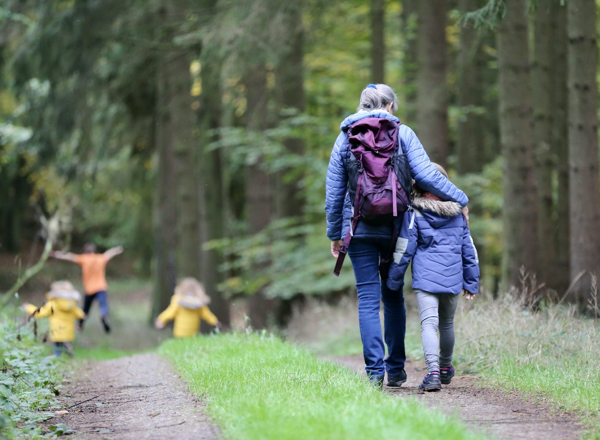 Eine Mutter wandert mit ihren Kindern durch den Wald. Sachsen eignet sich ideal für Wanderungen mit Kindern.