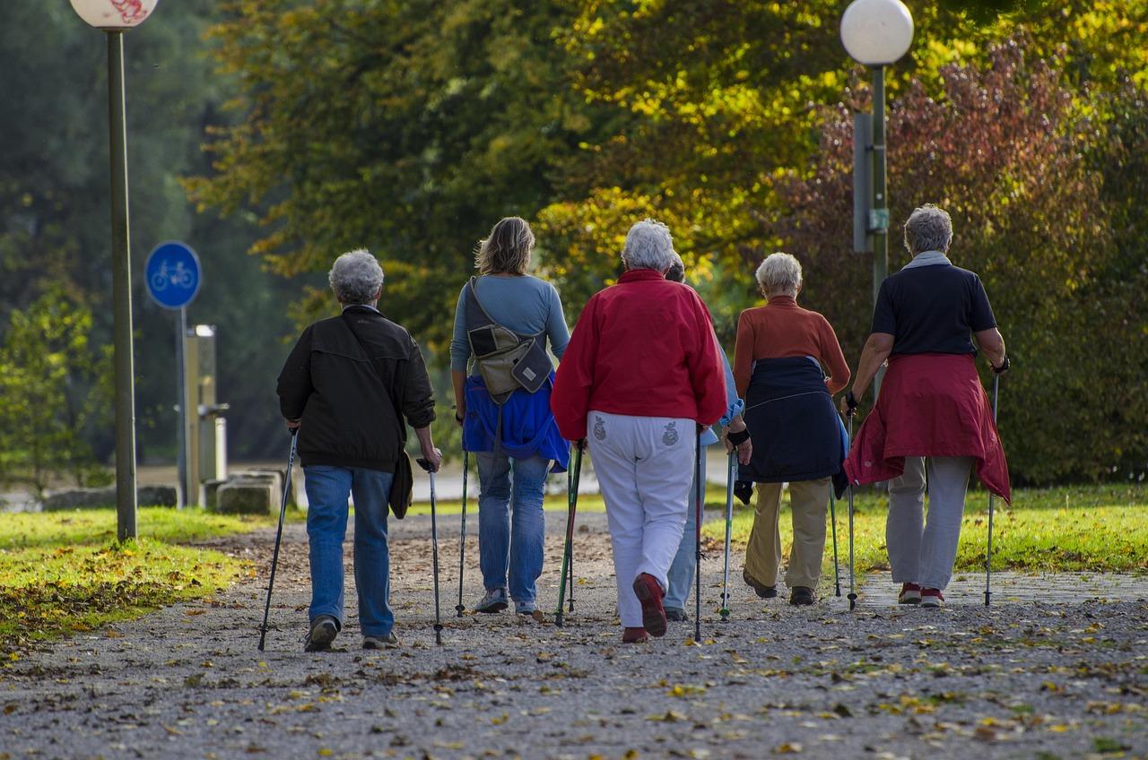 Ältere Menschen beim Nordic Walking auf einem Parkweg als Beispiel für Fitness im Alter