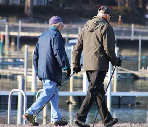 Zwei Senioren beim Wandern im Park als Beispiel für Fitness im Alter
