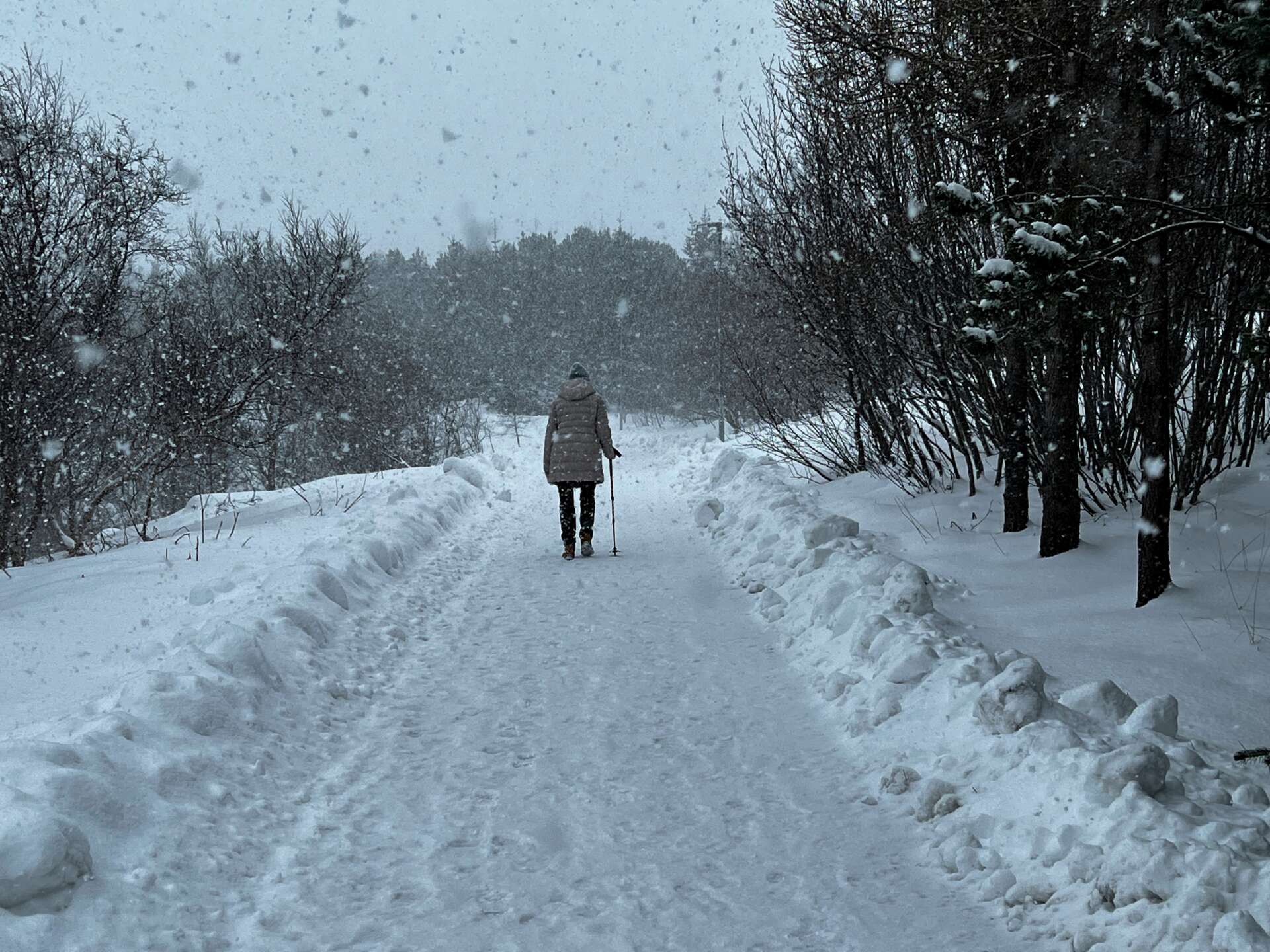 Person wandert bei Minusgraden auf verschneitem Winterweg