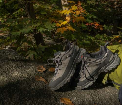 Wanderschuhe und Trekkingschuhe liegen auf einem Felsen im Wald und zeigen den Unterschied zwischen leichtem Wandern und anspruchsvollen Touren