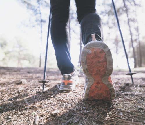 Nordic Walking auf einem Waldweg mit passenden Walking-Schuhen